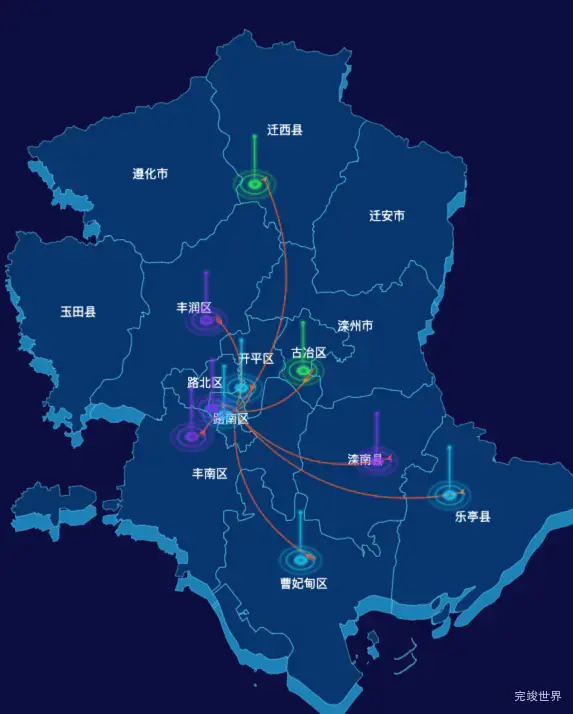 echarts唐山市地区地图geoJson数据-飞线图